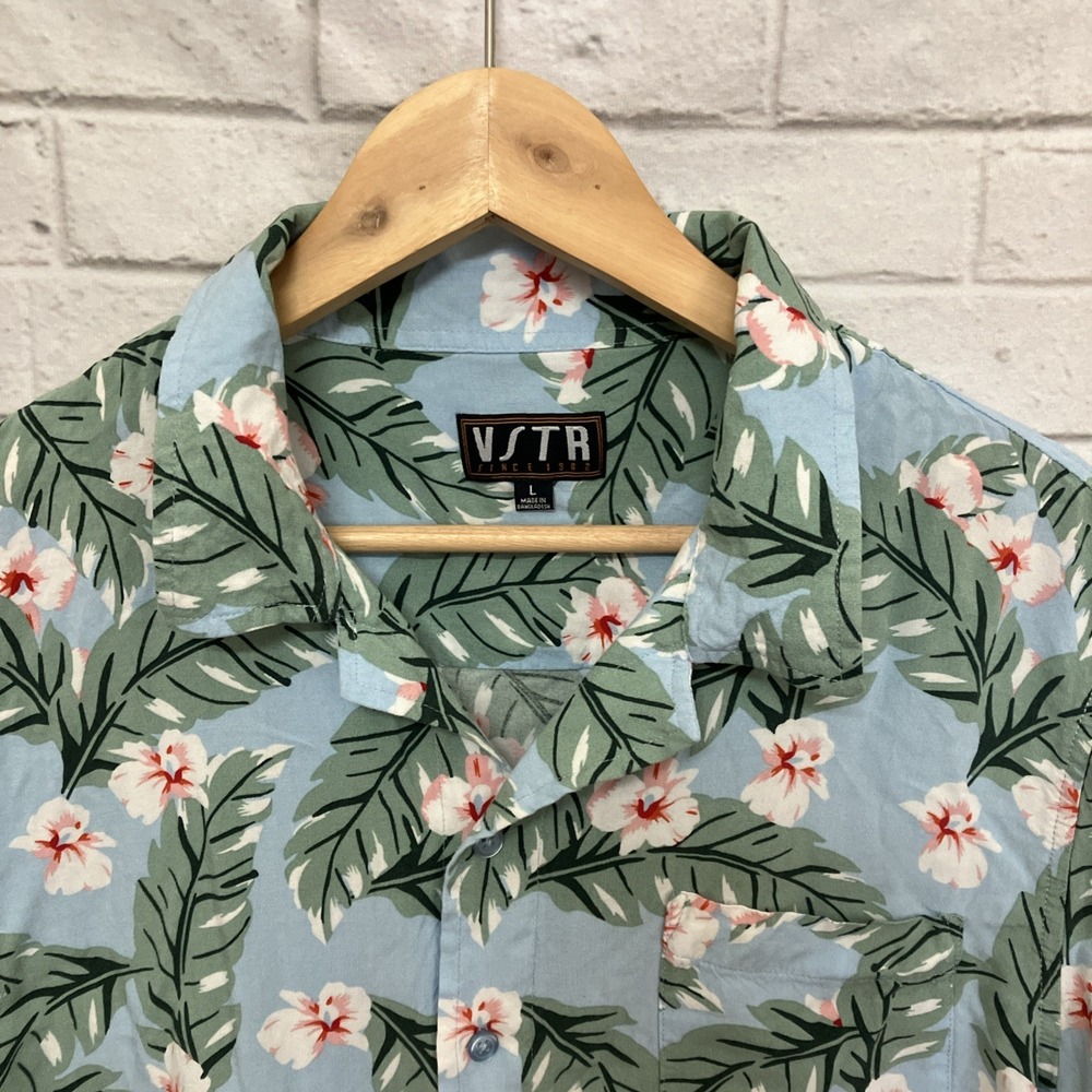VSTR Hawaiian Floral Button Up Shirt Men's Large Blue Pink Rayon